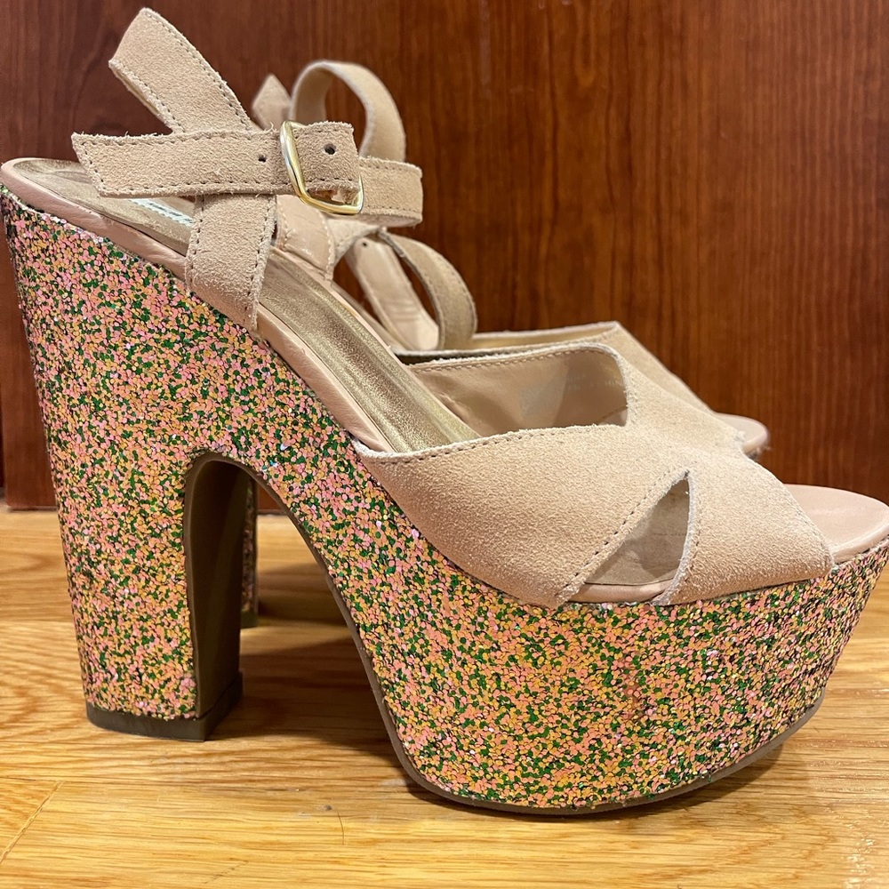 Light Pink Faux Suede, Glitter, Platform Heels
